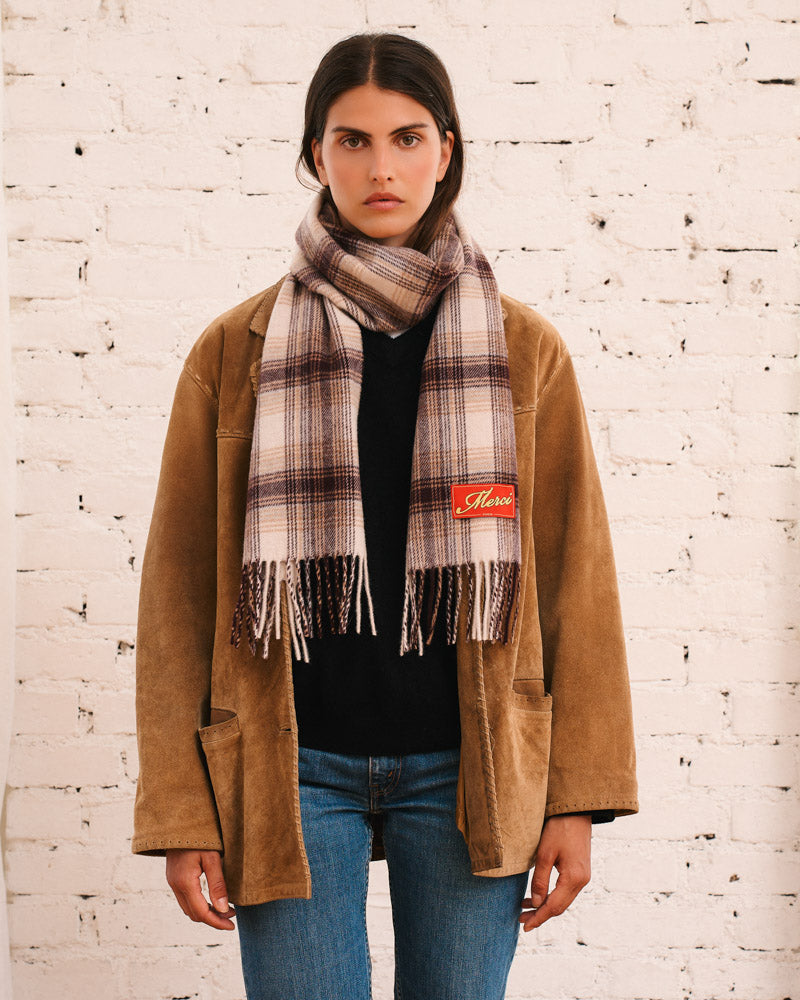 Merci - Arlo Check Scarf - Camel Beige and Burgundy