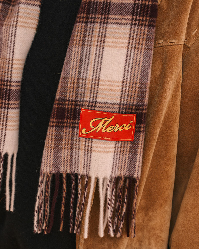 Merci - Arlo Check Scarf - Camel Beige and Burgundy