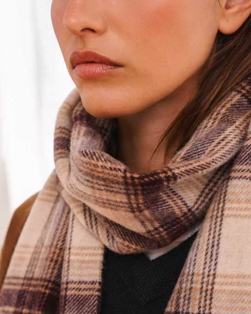 Merci - Arlo Check Scarf - Camel Beige and Burgundy