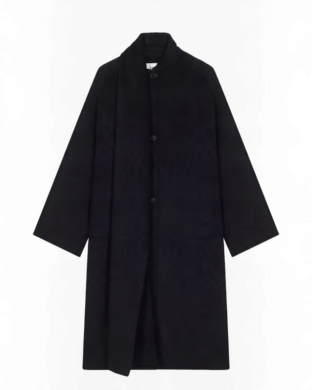 Manteau noir Merci Paris Masscob Uma en laine et cachemire avec col foulard intégré et coupe ample élégante