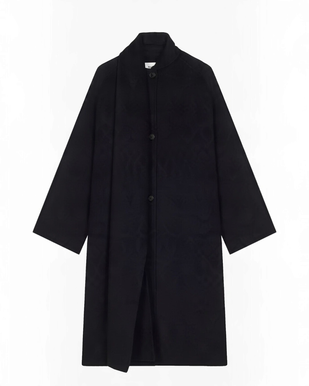 Manteau noir Merci Paris Masscob Uma en laine et cachemire avec col foulard intégré et coupe ample élégante