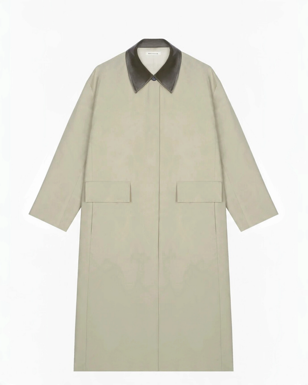 Trench long Merci Paris Masscob beige en coton et polyamide avec col contrastant en cuir d'agneau