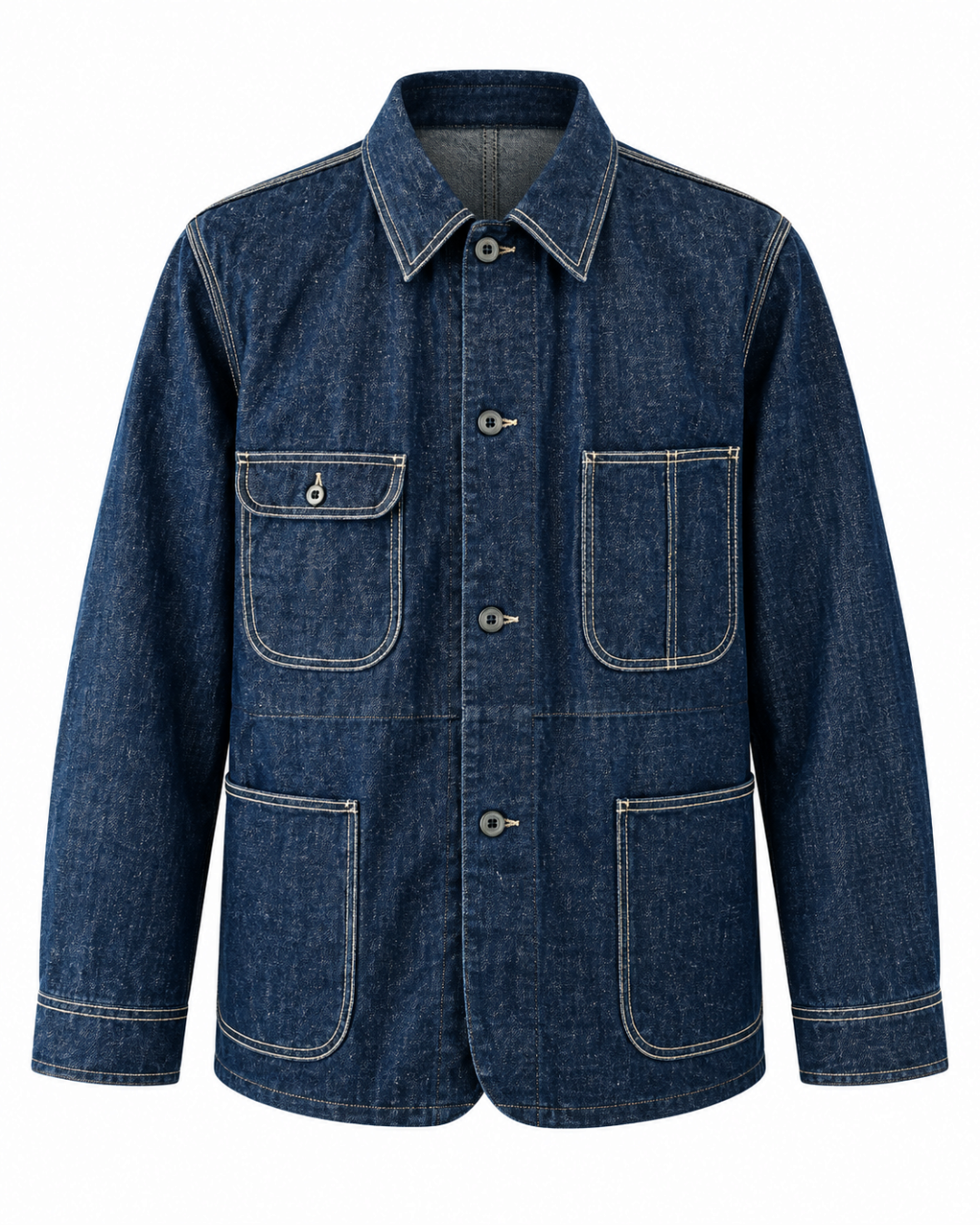 Veste de travail Merci Paris Coherence Jackson en denim selvedge bleu avec poches plaquées et surpiqûres contrastées