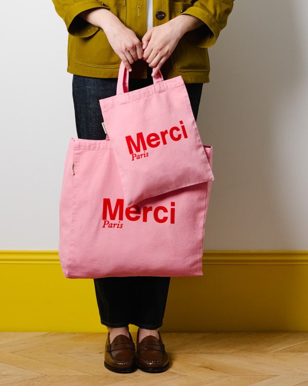 Merci - Cotton Tote Bag - Light Pink & Red
