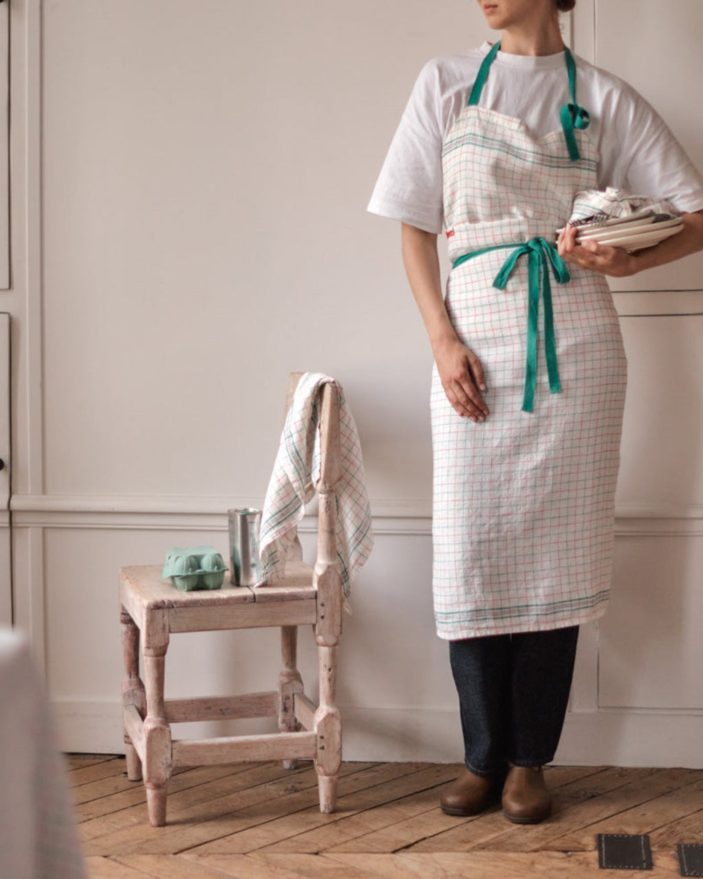 Merci - Washed linen apron Office - Pink & Green