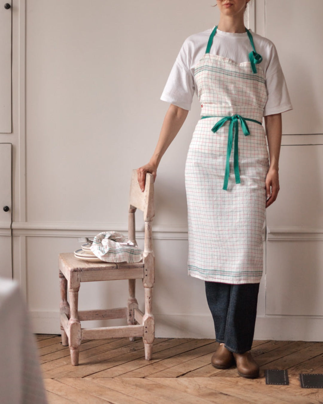 Merci - Washed linen apron Office - Pink & Green