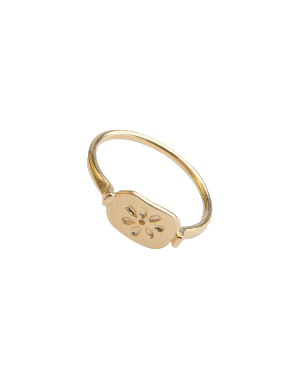 Bague Emma Merci Paris en laiton plaqué or jaune 16 carats avec un motif floral délicat sur fond blanc