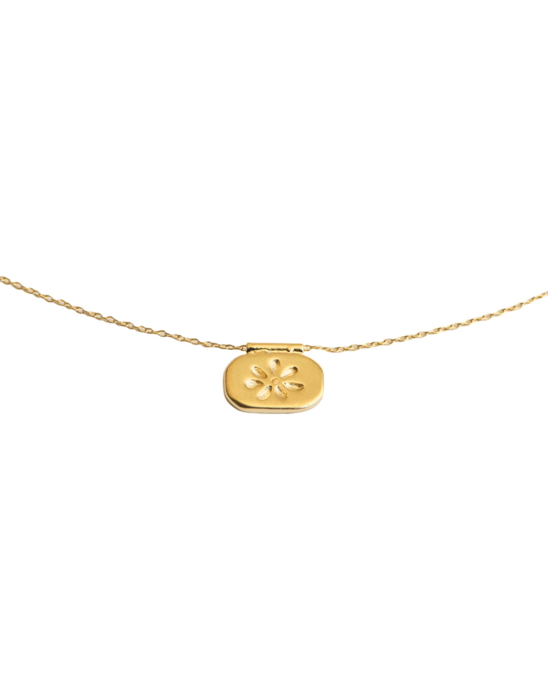 Collier Merci Paris Emma en laiton plaqué or jaune 16 carats avec un pendentif rectangulaire gravé d'une fleur