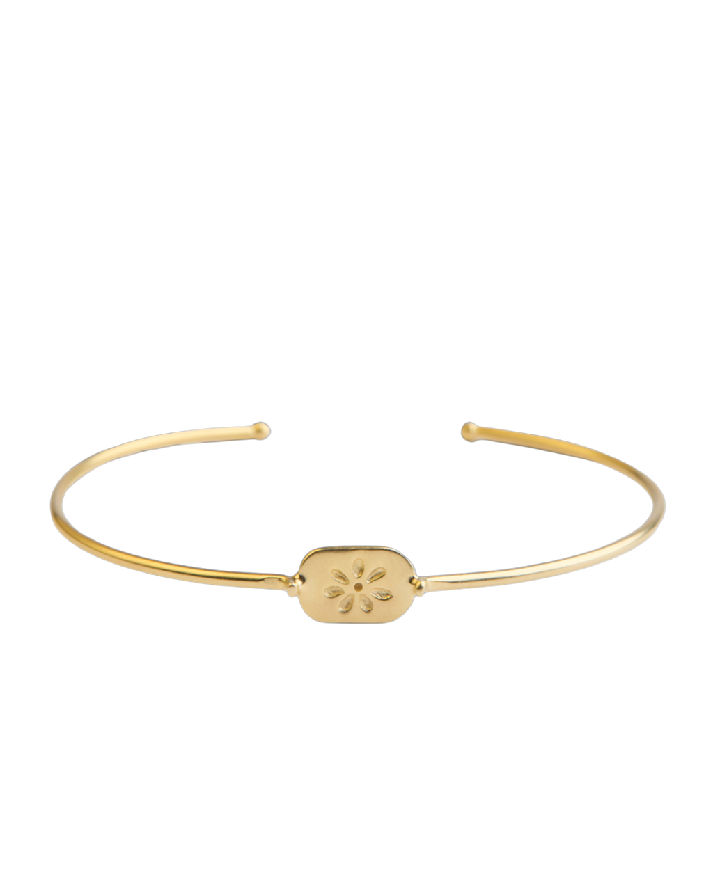 Bracelet jonc Merci Paris Emma en laiton plaqué or jaune 16 carats avec un motif floral central gravé