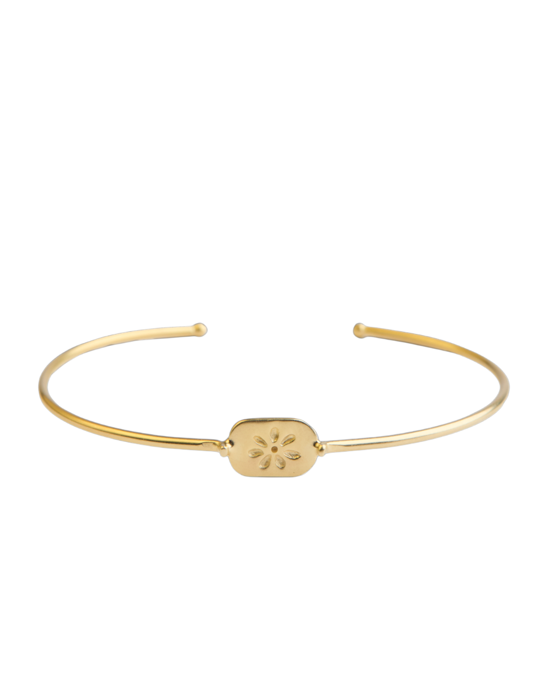 Bracelet jonc Merci Paris Emma en laiton plaqué or jaune 16 carats avec un motif floral central gravé