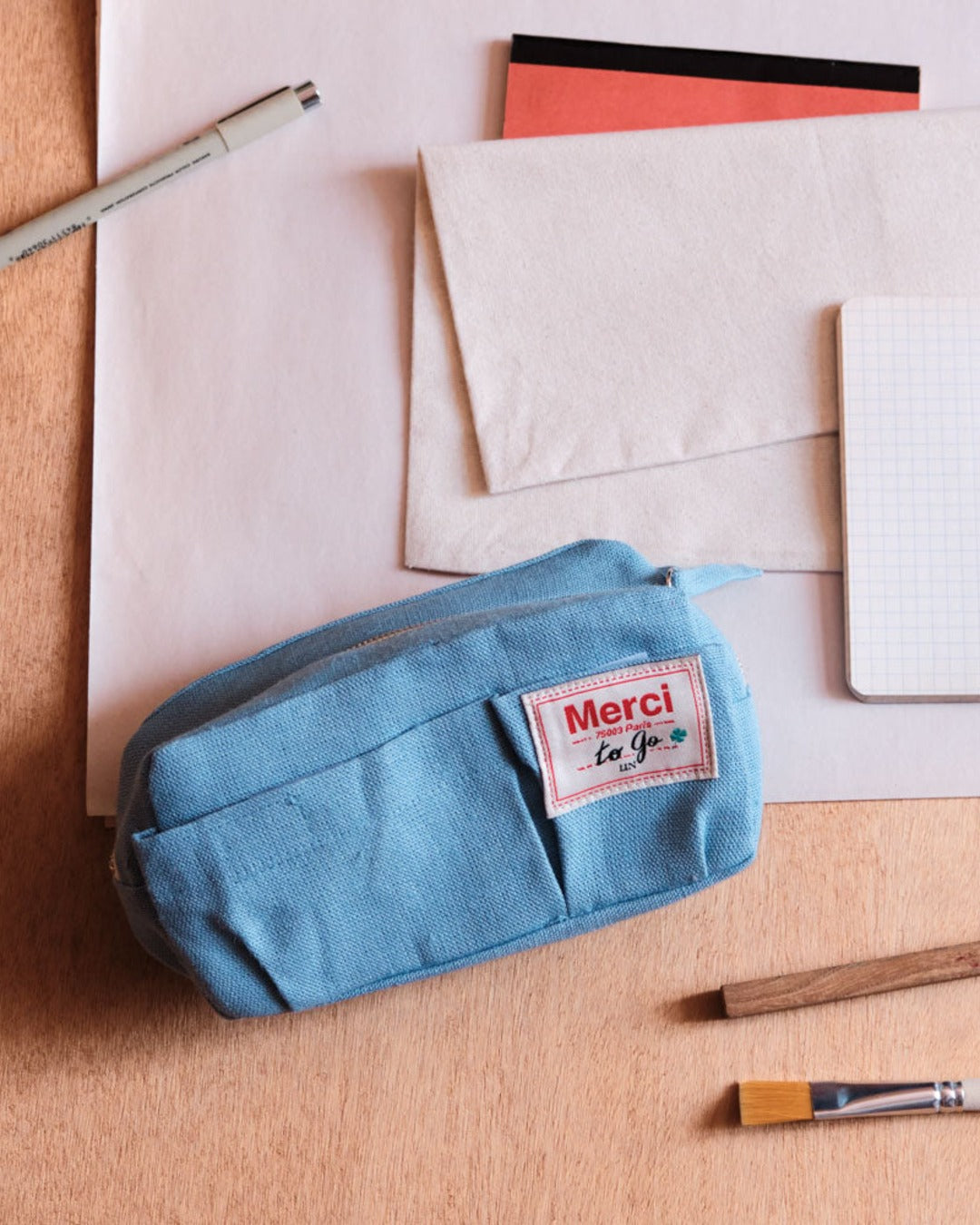 Merci - Trousse En Lin Lavé - Bleu Primaire