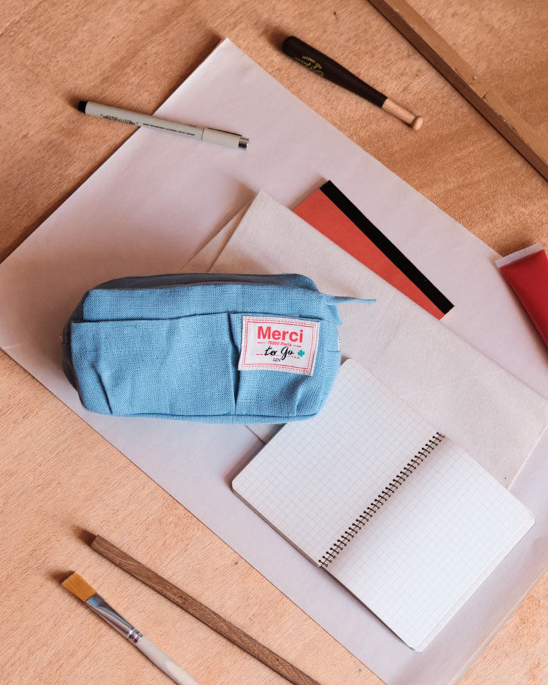 Merci - Trousse En Lin Lavé - Bleu Primaire