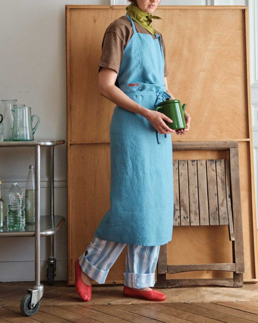 Merci - Washed linen apron - Primary Blue