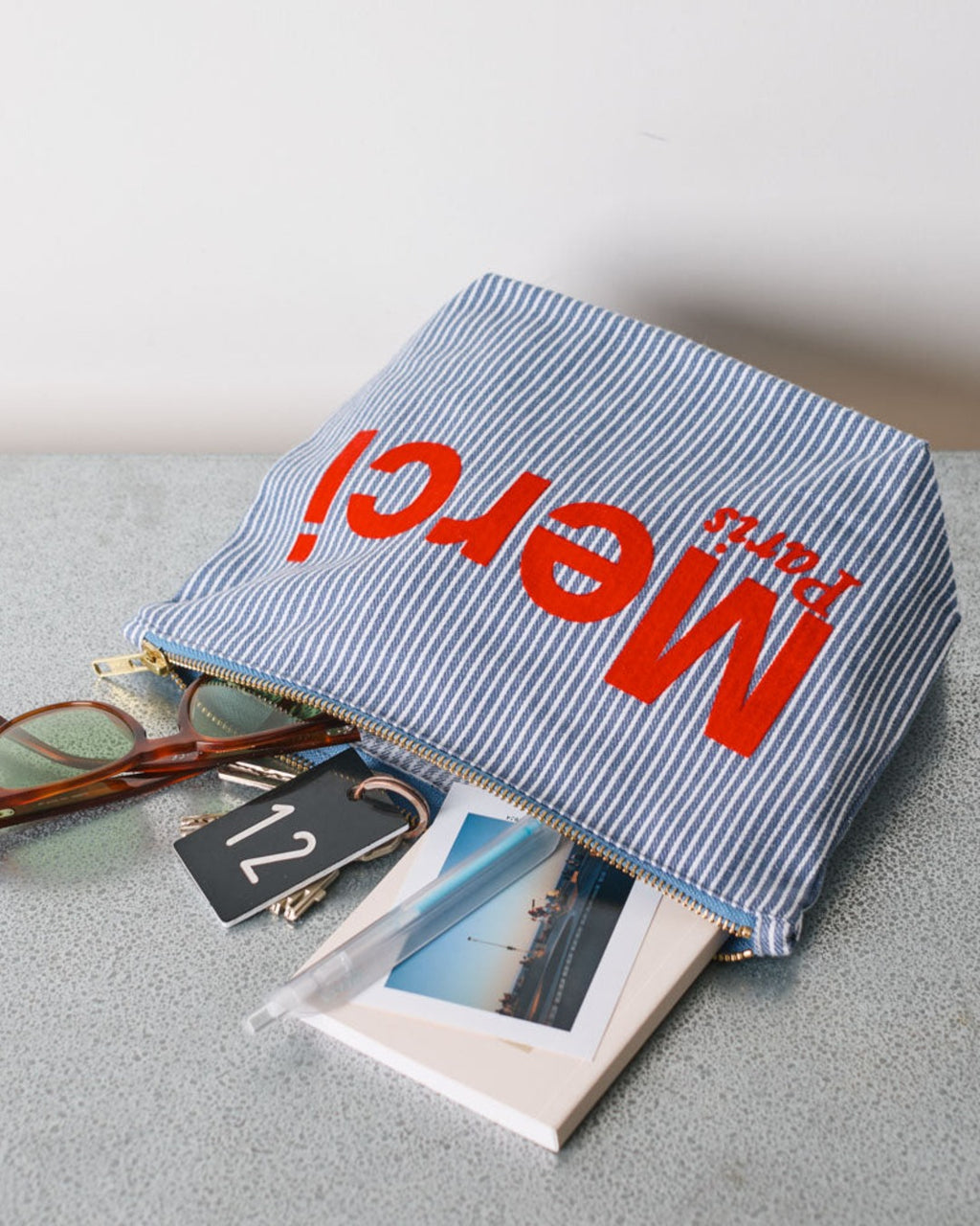 Merci - Pochette En Coton Hickory - Bleu Rayé