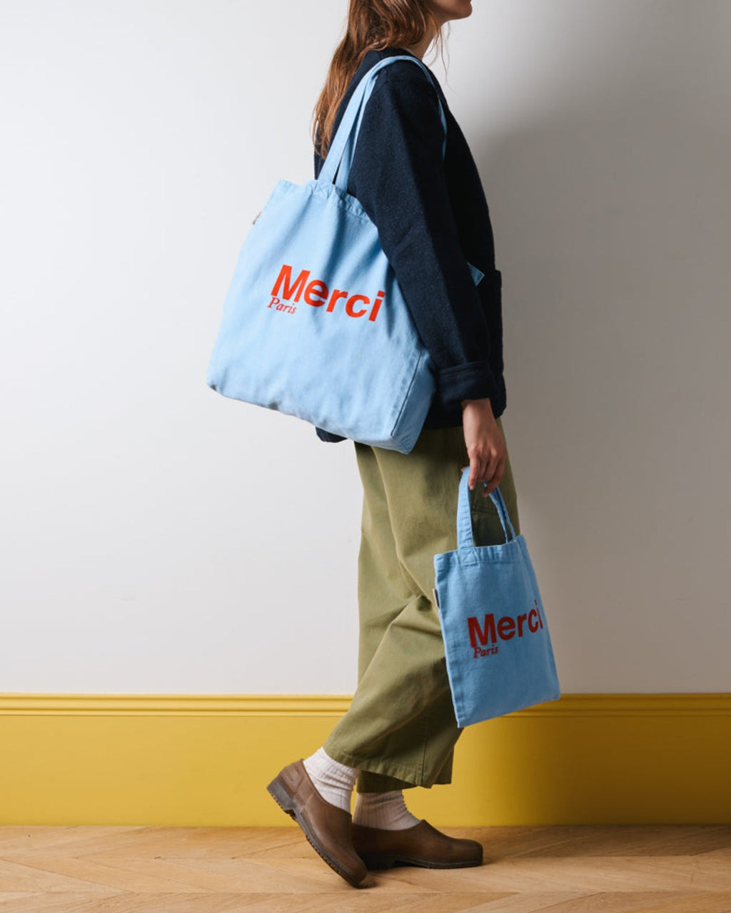 Merci - Cotton Tote Bag - Baby Blue & Red