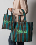 Merci - Cotton Tote Bag - Blue, Brown & Green