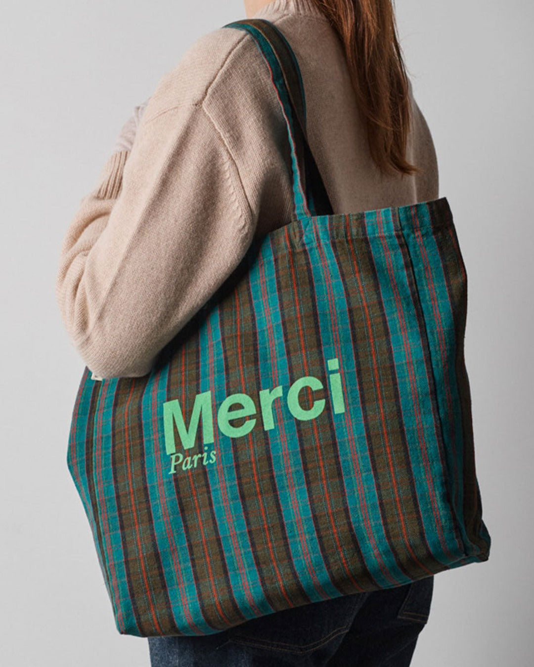 Merci - Cotton Tote Bag - Blue, Brown & Green