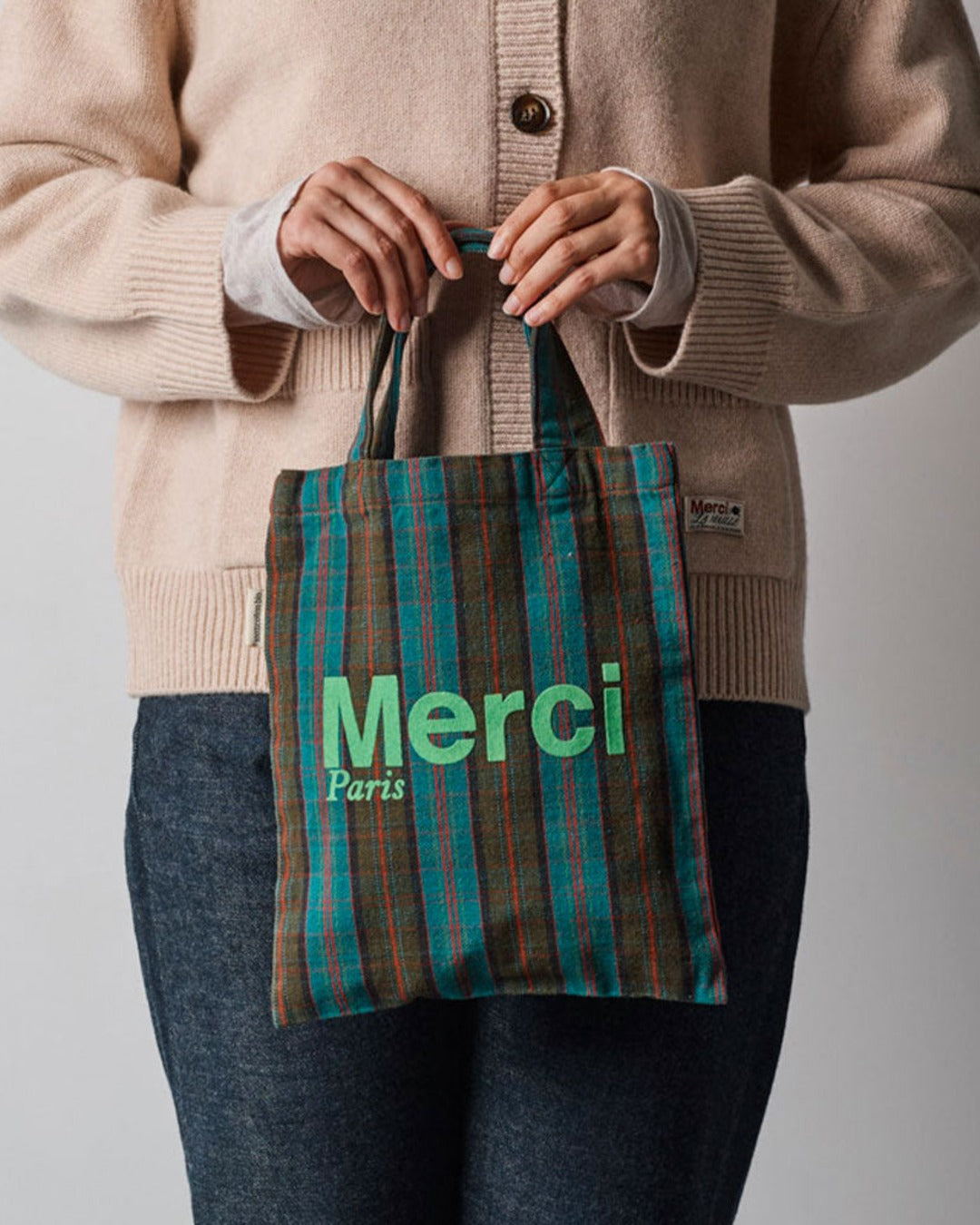 Merci - Cotton Tote Bag - Blue, Brown & Green
