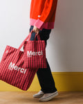 Merci - Cotton Tote Bag - Pink, Burgundy & Cream