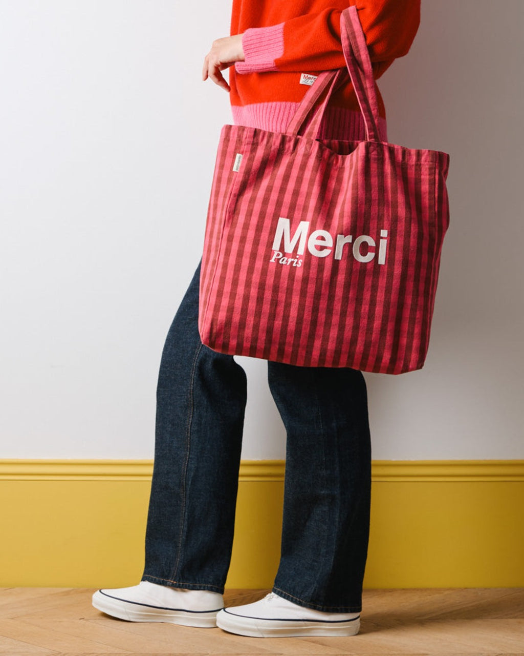 Merci - Cotton Tote Bag - Pink, Burgundy & Cream
