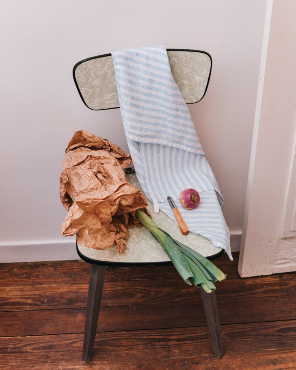 Merci - Washed linen tea towel - Primary Blue Paintbrush Stripes