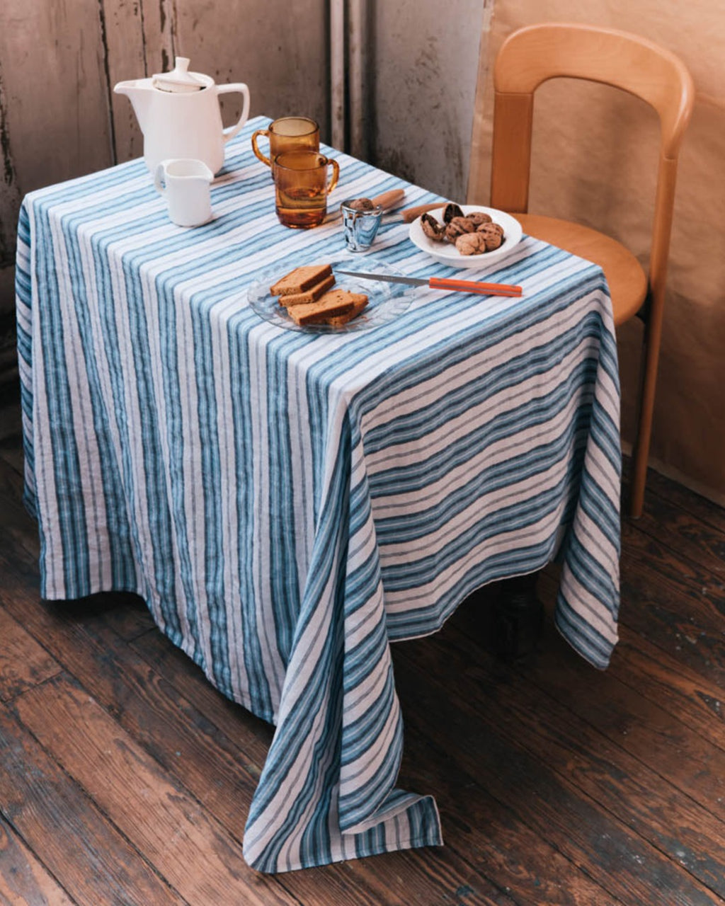 Merci - Nappe En Lin Lavé - Rayures Palette Bleu Primaire
