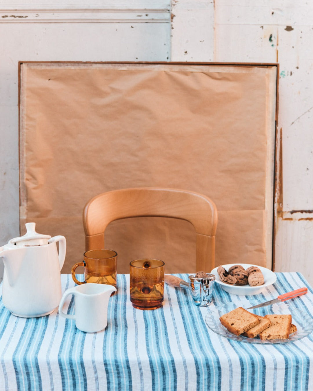 Merci - Nappe En Lin Lavé - Rayures Palette Bleu Primaire