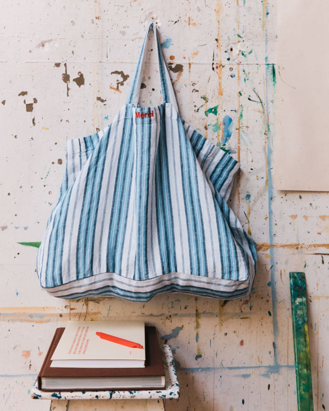 Merci - Washed linen Merci shopping bag - Primary Blue Palette Stripes
