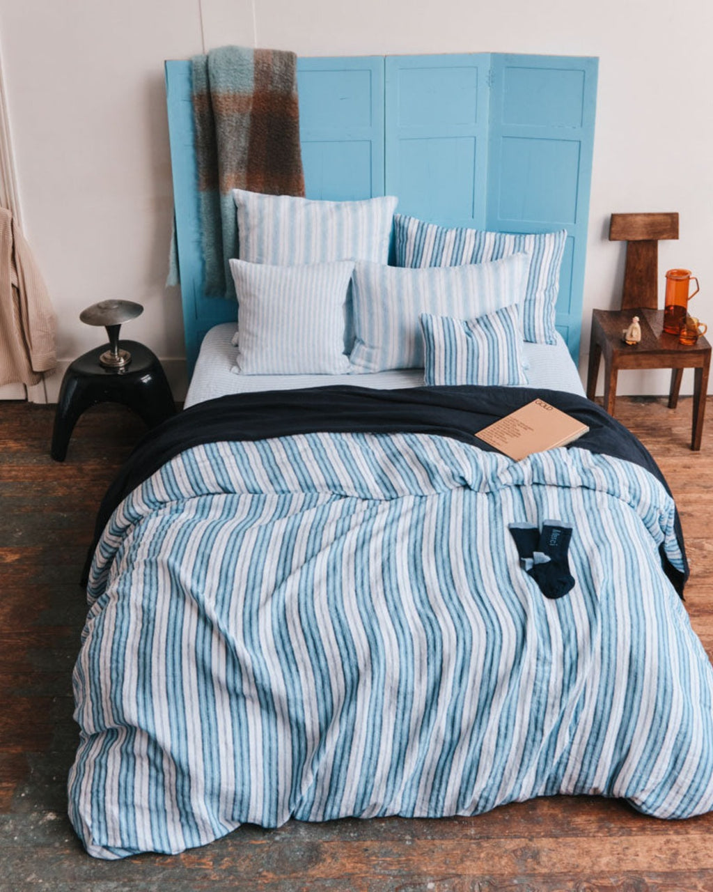 Merci - Washed linen pillowcase - Primary Blue Palette Stripes