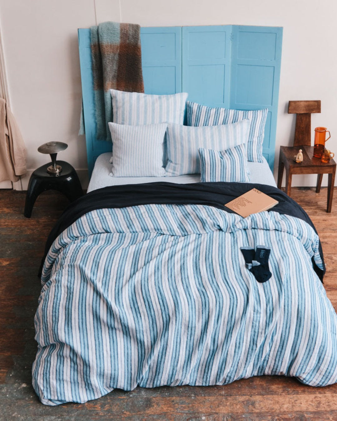 Merci - Washed linen pillowcase - Primary Blue Palette Stripes