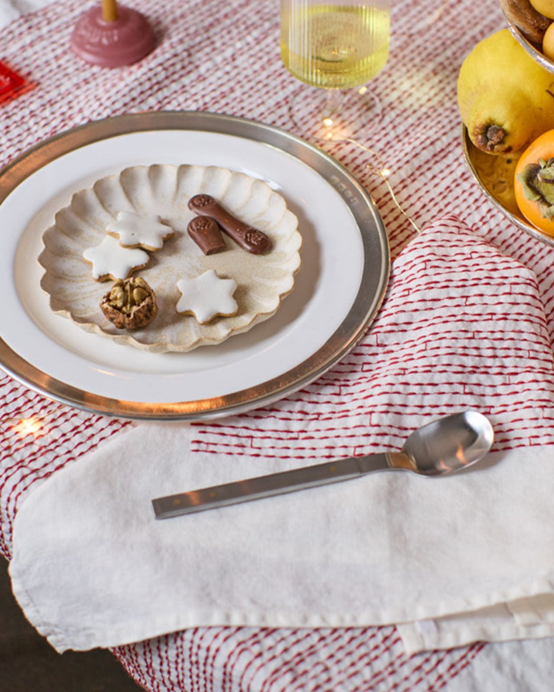 Merci - Serviette De Table En Lin Lavé Brodée Rouge Vermillon Édition Noël