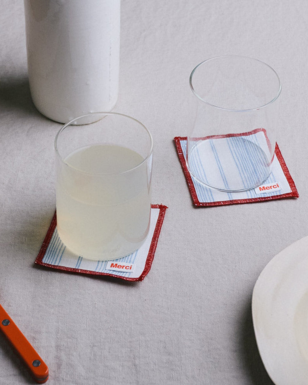 Merci - Ensemble De 6 Dessous De Verre En Lin Lavé - Rayures Toile Bleu Primaire