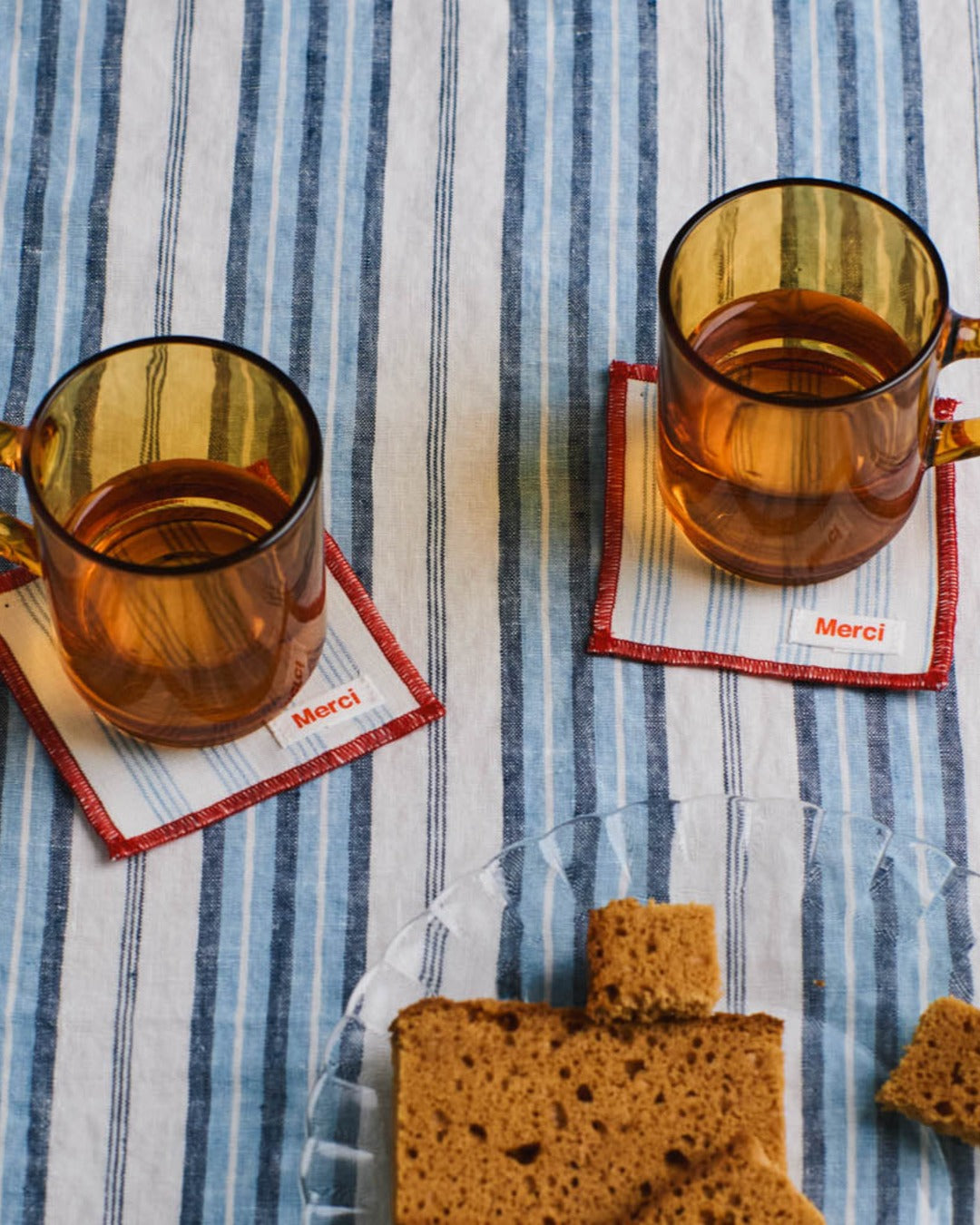 Merci - Ensemble De 6 Dessous De Verre En Lin Lavé - Rayures Pinceau Bleu Primaire