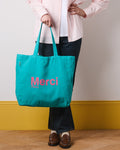 Merci - Cotton Tote Bag - Turquoise & Pink