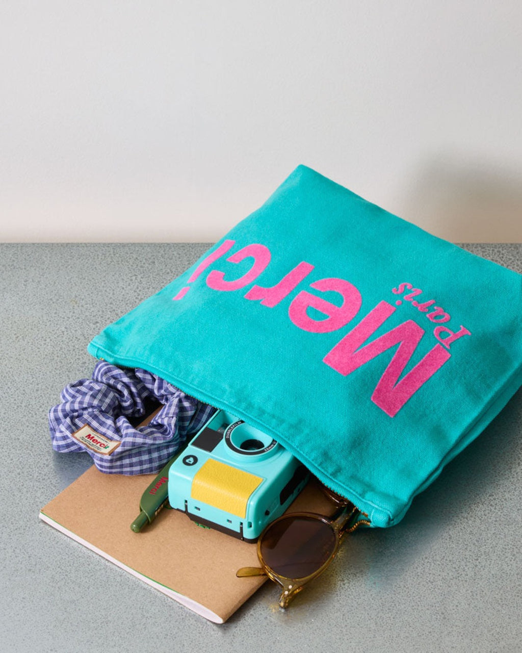 Merci - Cotton pouch - Turquoise & Pink