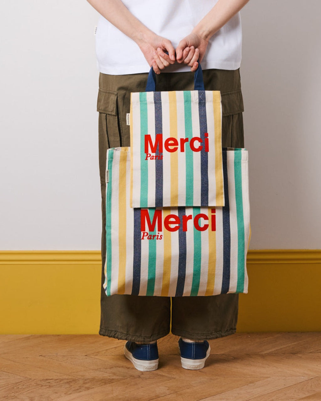 Merci - Tote Bag En Coton Rayé - Bleu Nuit & Banane