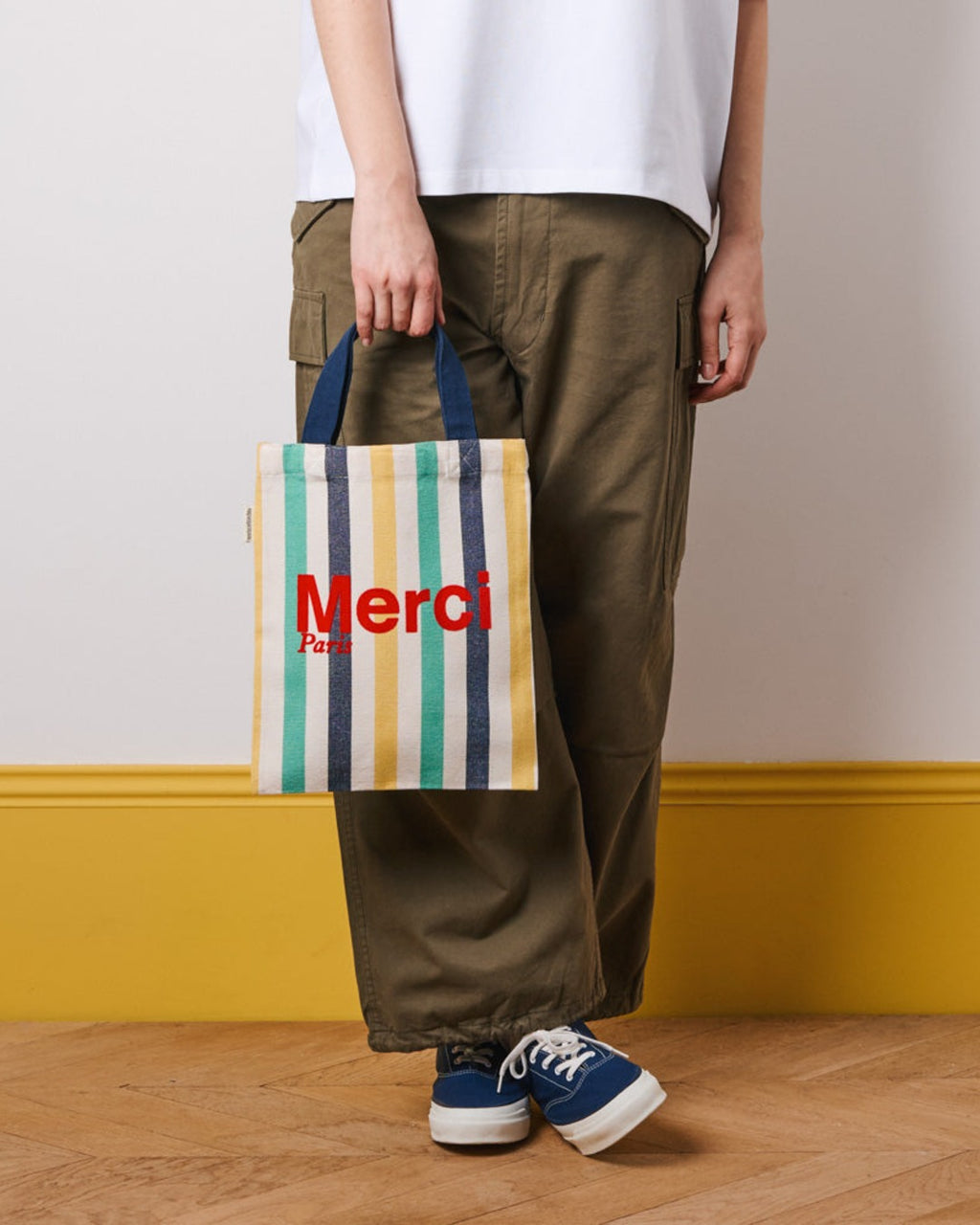 Merci - Tote Bag En Coton Rayé - Bleu Nuit & Banane