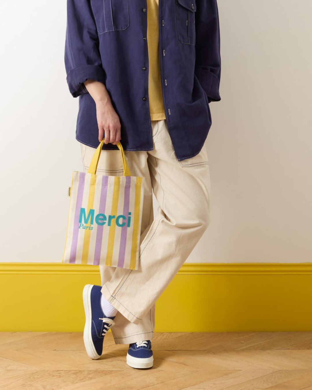 Merci - Striped cotton tote bag - Lilac & Banana