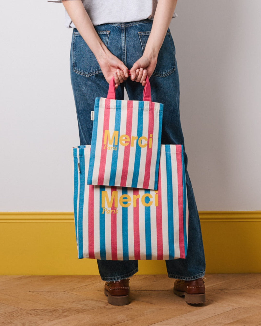 Merci - Striped cotton tote bag - Pink & Blue