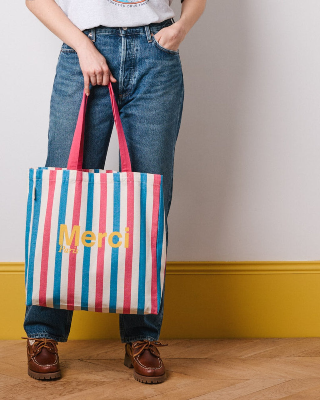 Merci - Tote Bag En Coton Rayé - Rose & Bleu