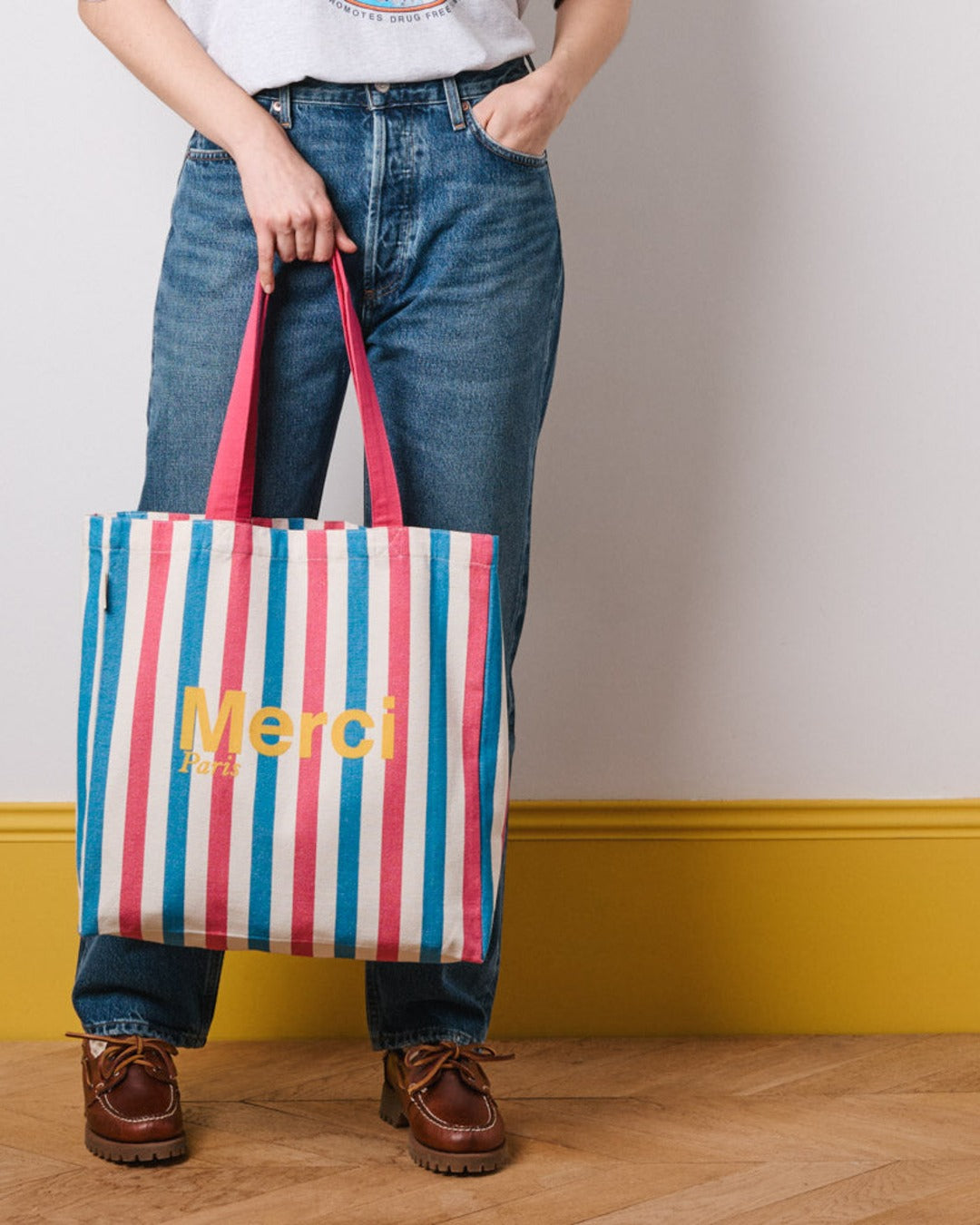 Merci - Striped cotton tote bag - Pink & Blue