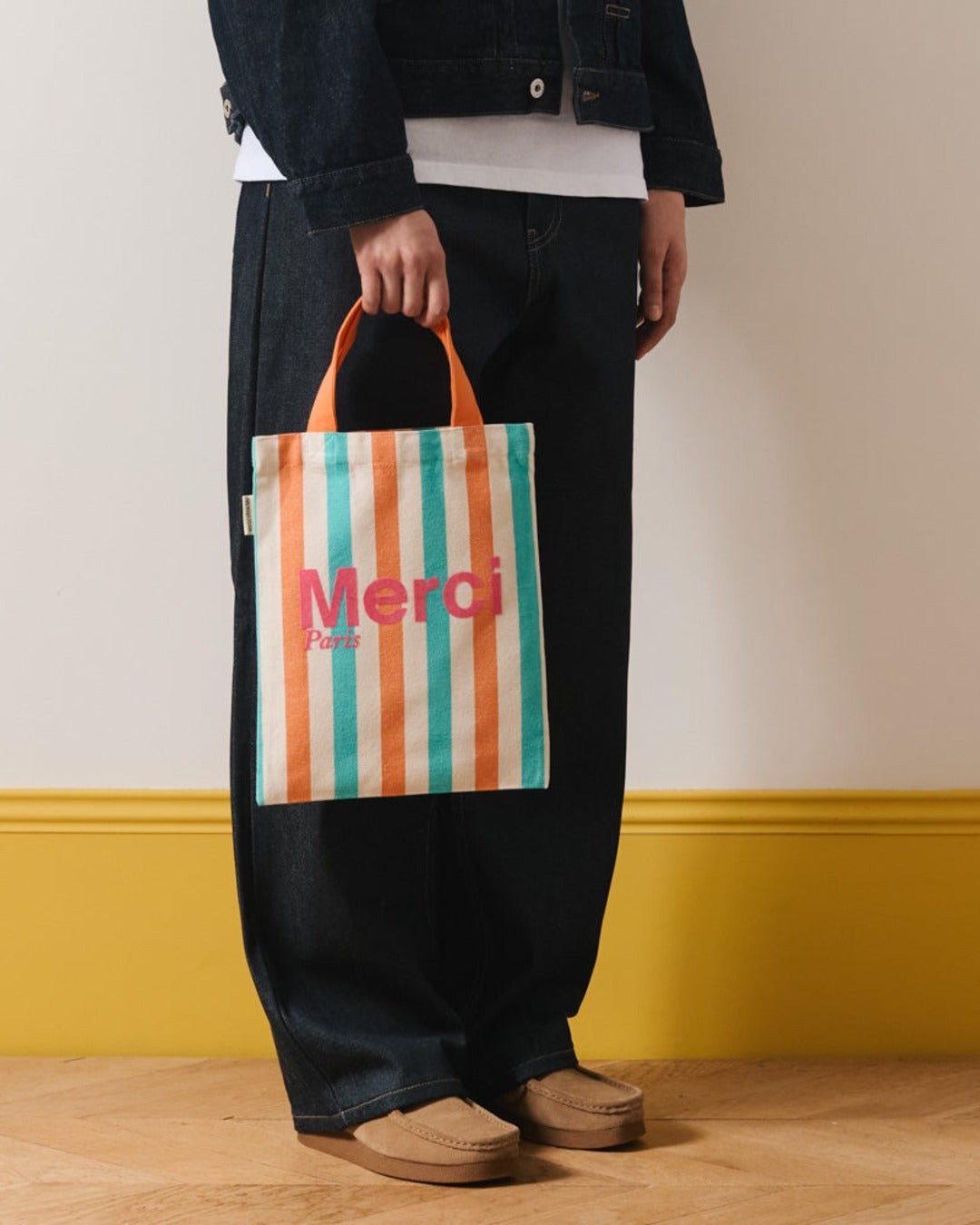 Merci - Striped cotton tote bag - Turquoise & Apricot