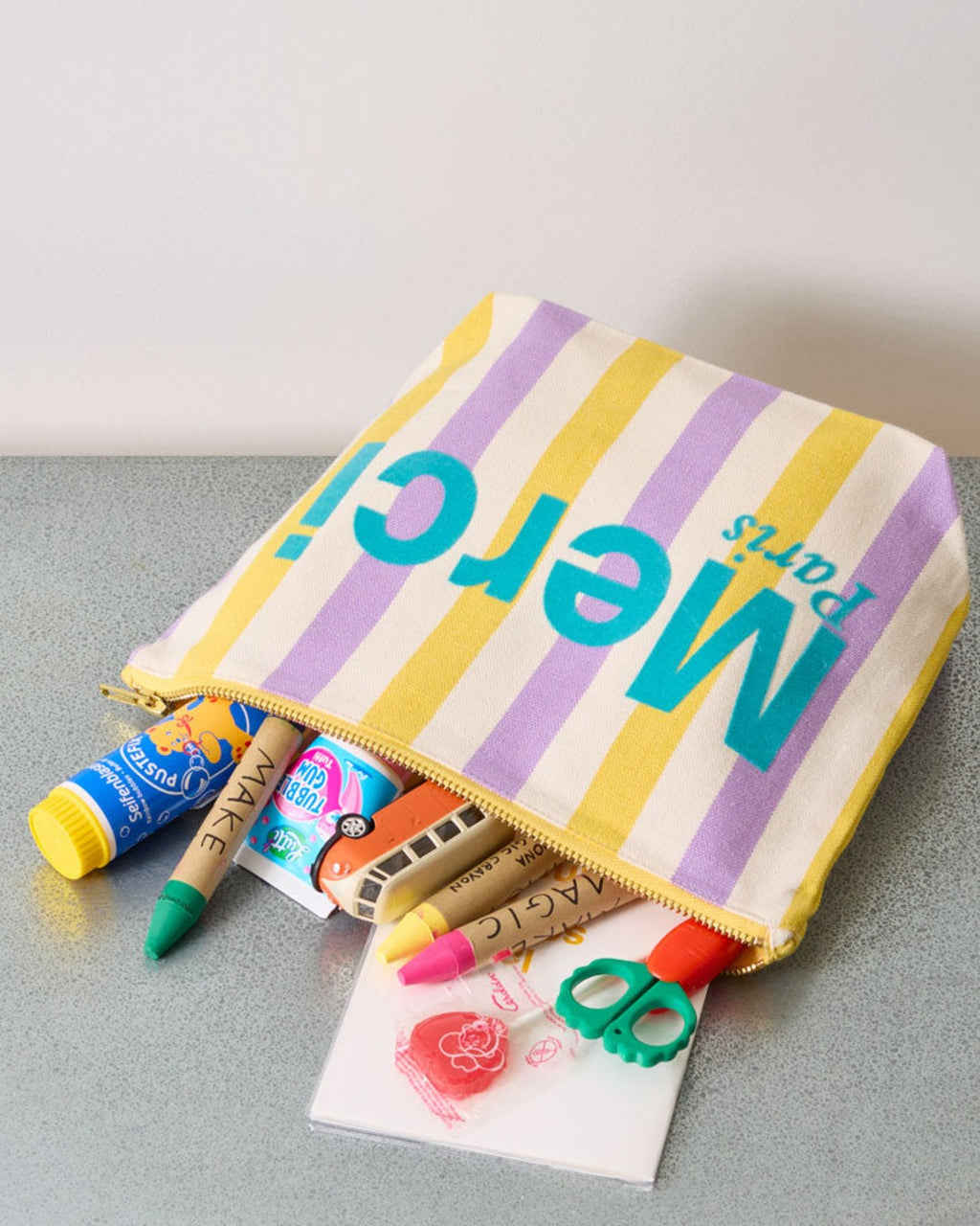 Merci - Pochette En Coton Rayé - Lila & Banane