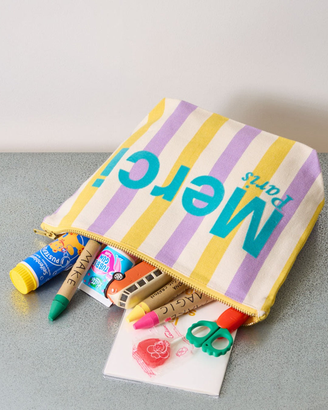 Merci - Striped cotton clutch - Lilac & Banana