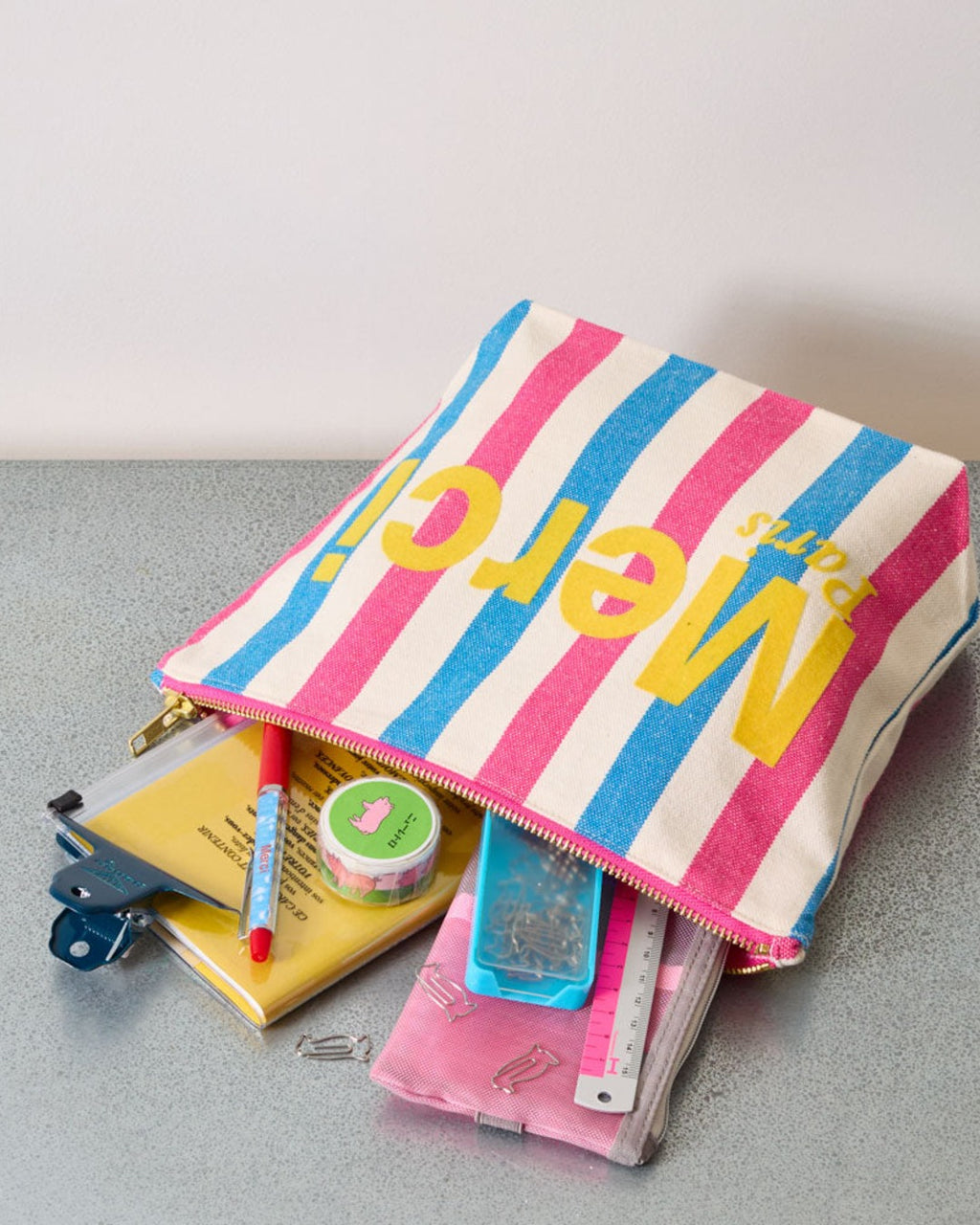 Merci - Striped cotton clutch - Pink & Blue