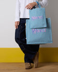 Merci - Vichy cotton tote bag - Blue and Ecru