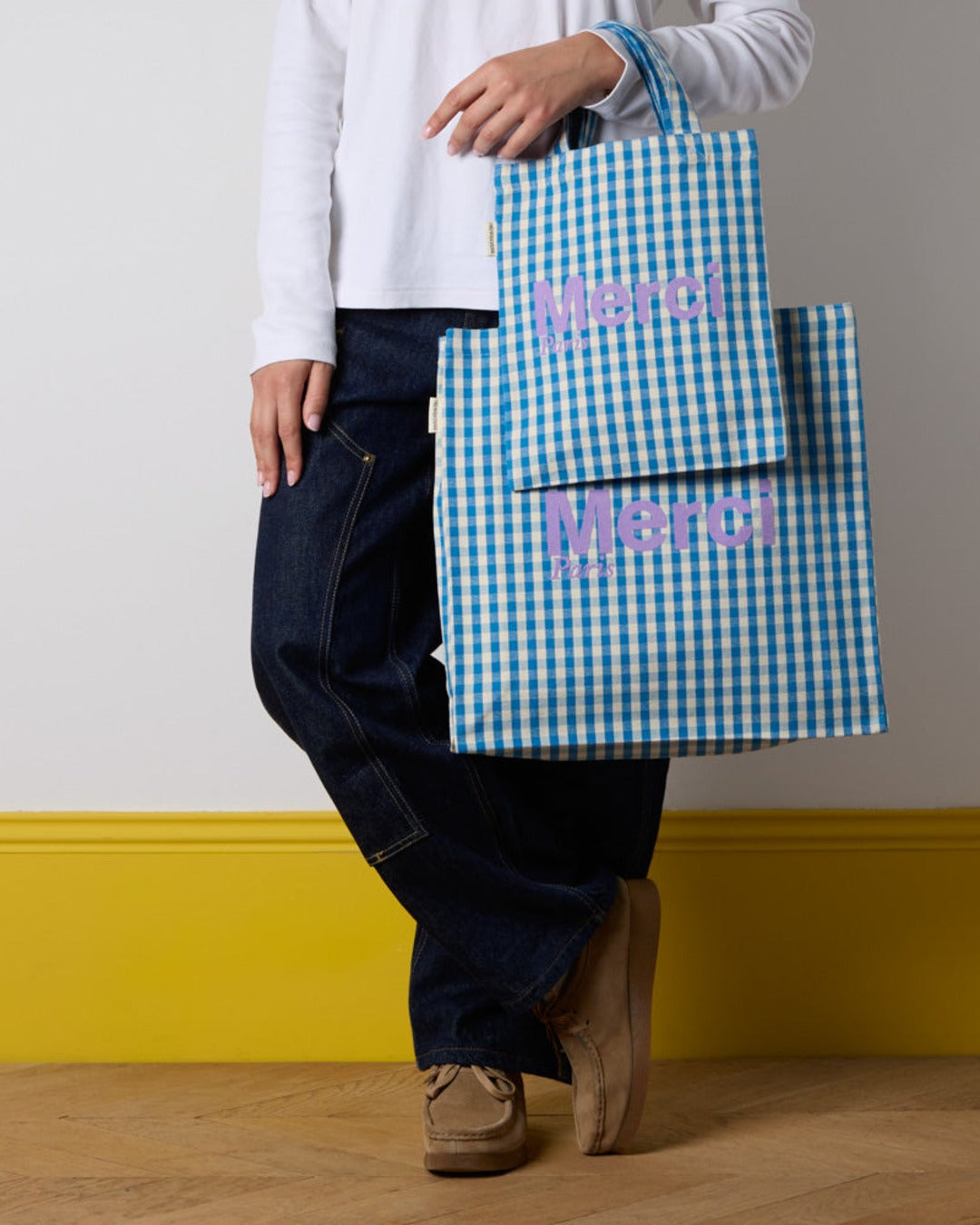 Merci - Vichy cotton tote bag - Blue and Ecru