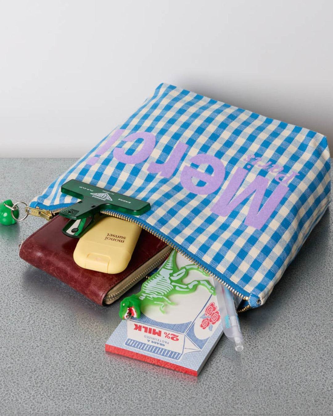Merci - Vichy cotton clutch - Blue and Ecru