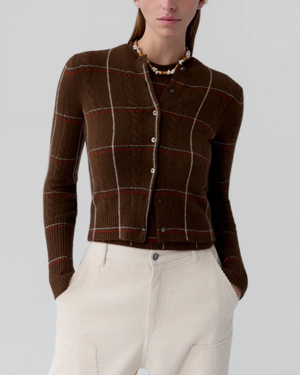 Guest In Residence - Jane Checker Cardigan - Burnt Cocoa & Carmine