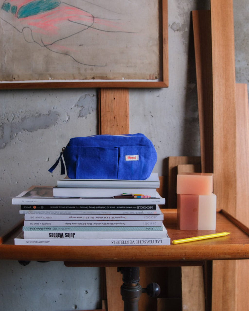 Merci - Trousse En Lin Lavé - Bleu Cobalt 60
